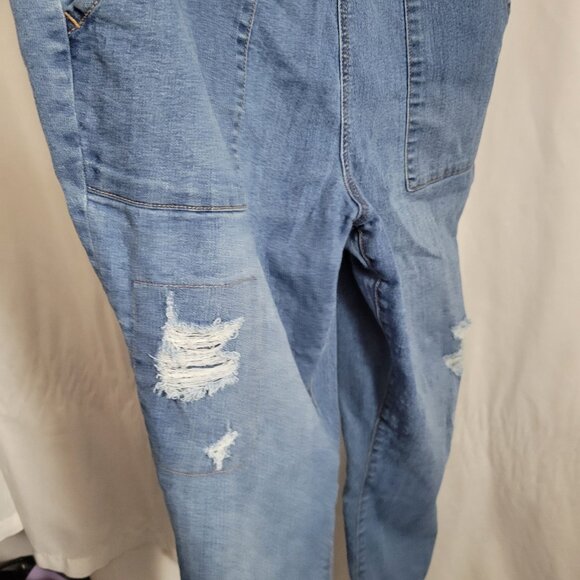 A Glow Maternity Straight Leg Bib Overalls Denim Jeans Blue Distressed Large Adj - Picture 9 of 14